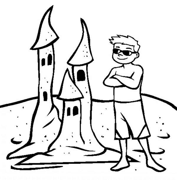 A-Boy-Proud-of-His-Sand-Castle-Creation-Coloring-Page